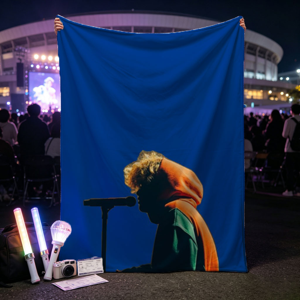 Troye Sivan Performing on Stage with Microphone Against Blue Background - Blankets