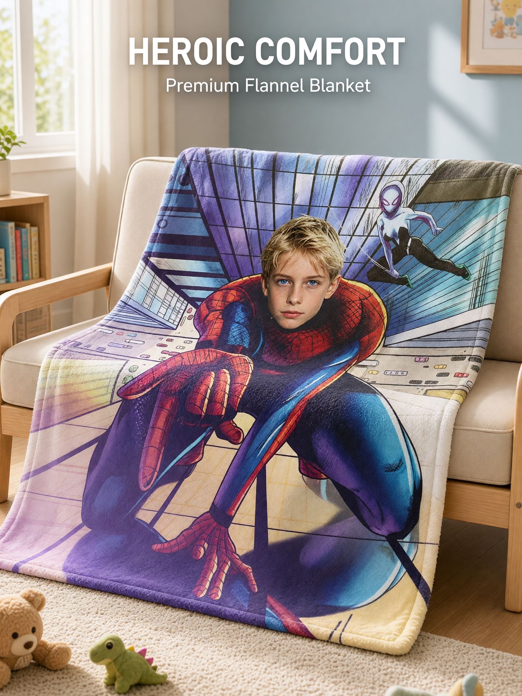 Custom Face Photo Superhero Fleece Blanket Personalized Comic Character Flannel Throw Ideal Cozy Gift for Kids and Teens