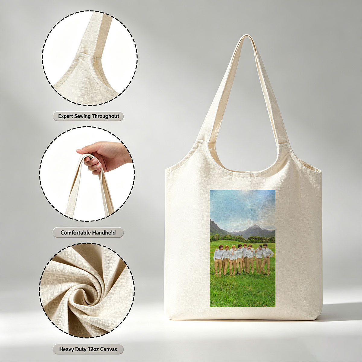 BTS in a Serene Mountain Field Wearing Matching White Shirts and Beige Pants - Canvas shoulder bags/