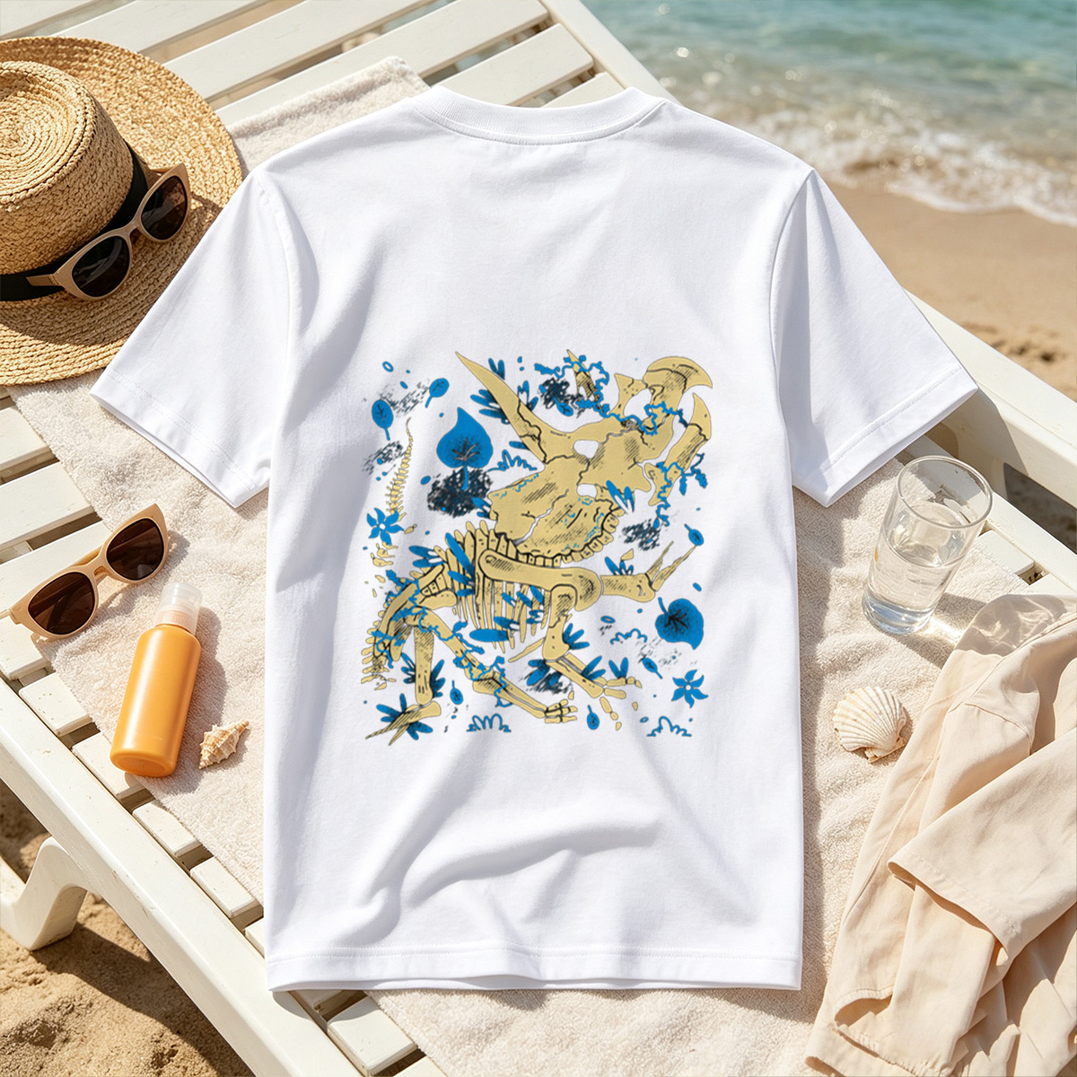 Triceratops Skeleton with Blue Leaves and Water Splash - Tee