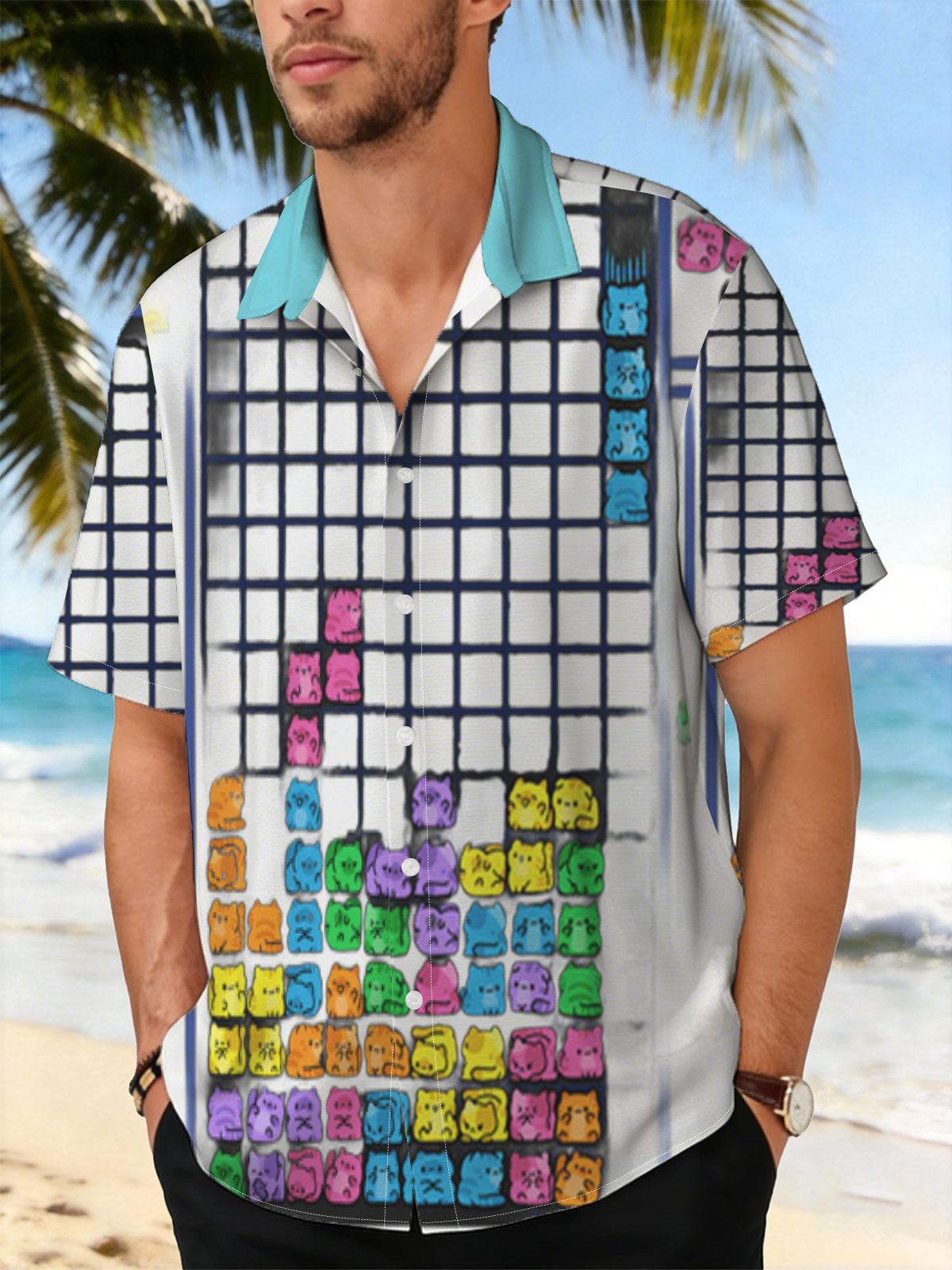 Cat Tetris Game Level 9 with Colorful Feline Blocks and Next Piece Preview -  Shirt