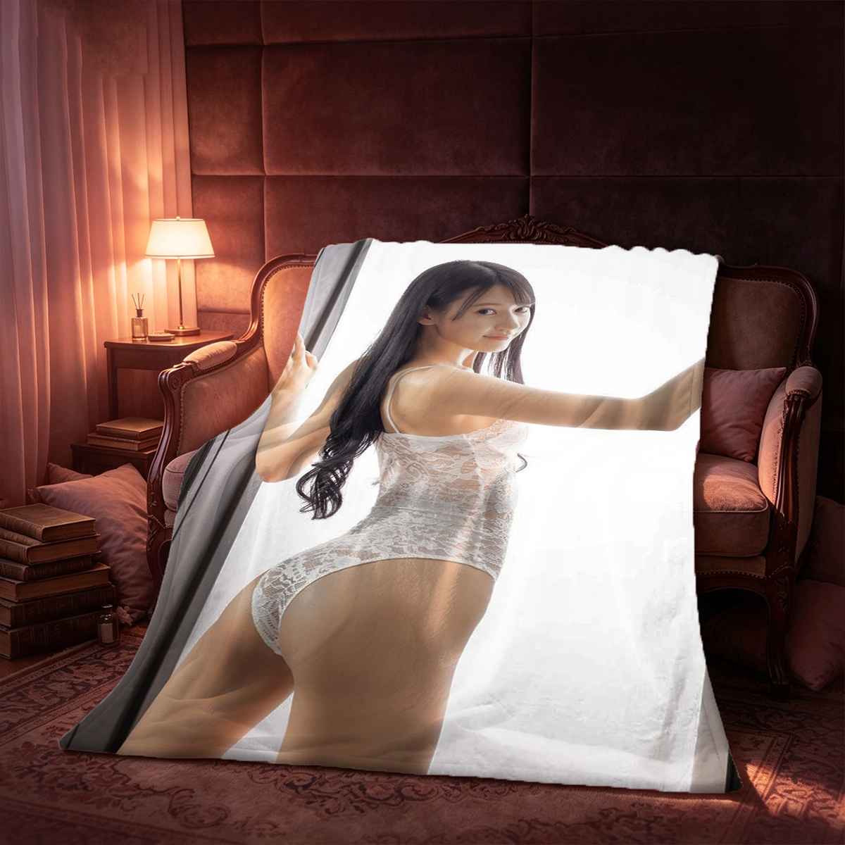 Redhead in pink sheer lingerie and ruffled panties posing in bedroom. - Blanket
