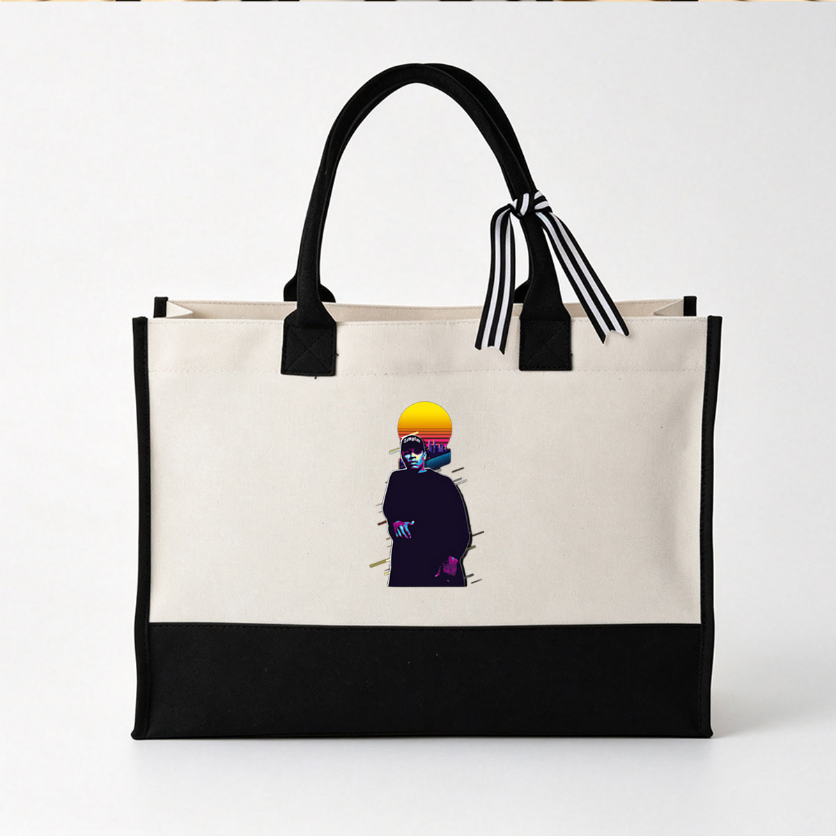 N.W.A. Member in Compton Cap Against Sunset Cityscape - Canvas patchwork gift tote bag