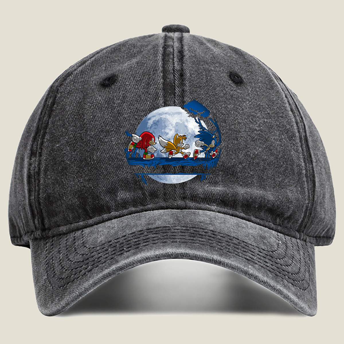 Sonic, Tails, and Knuckles Running Under the Moon - Washed Denim - Baseball Cap