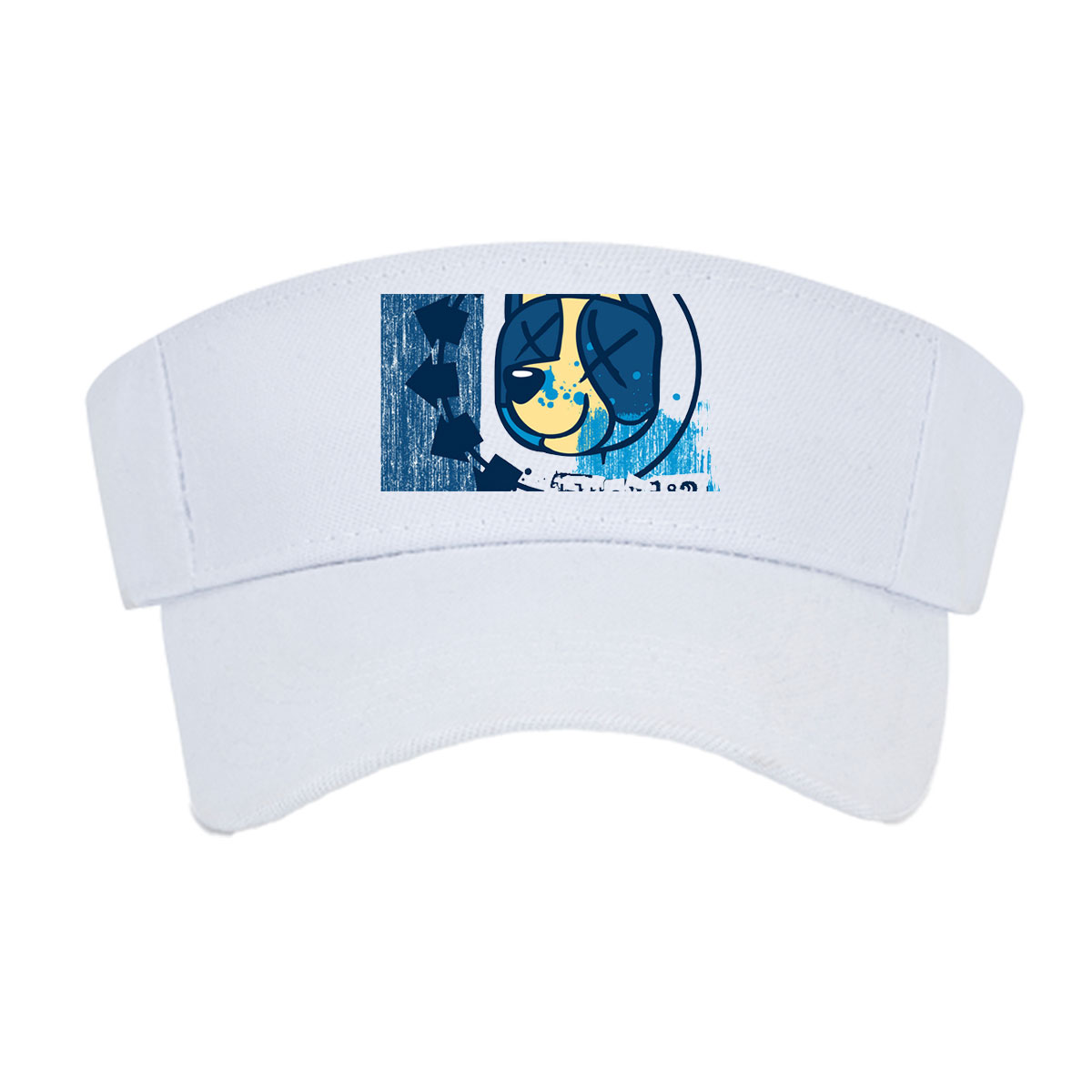 Bluey-182: A stylized blue and yellow cat face with X eyes, arrows, and splatter effects on a textured blue background. -  Visor cap