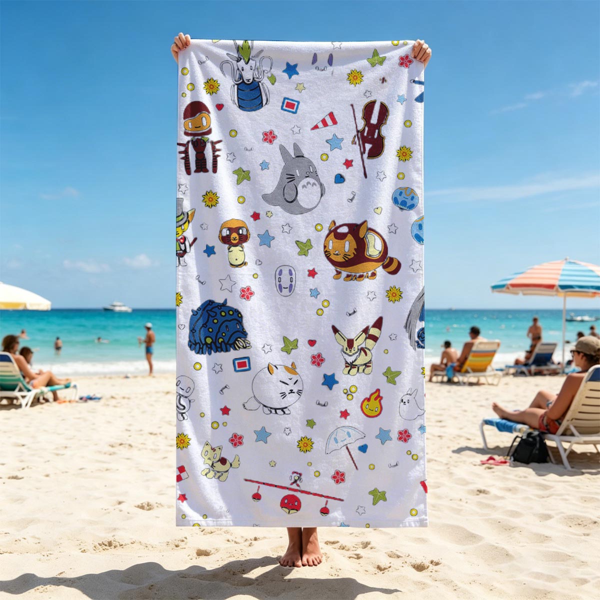 Totoro, Pikachu, and Studio Ghibli Characters in a Starry Night Parade - Beach towels