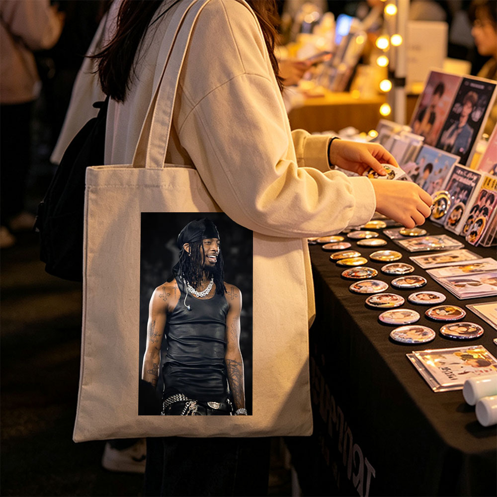 Lil Wayne on Stage Wearing Black Leather Tank Top and Headwrap with Visible Tattoos and Jewelry - Canvas tote bags