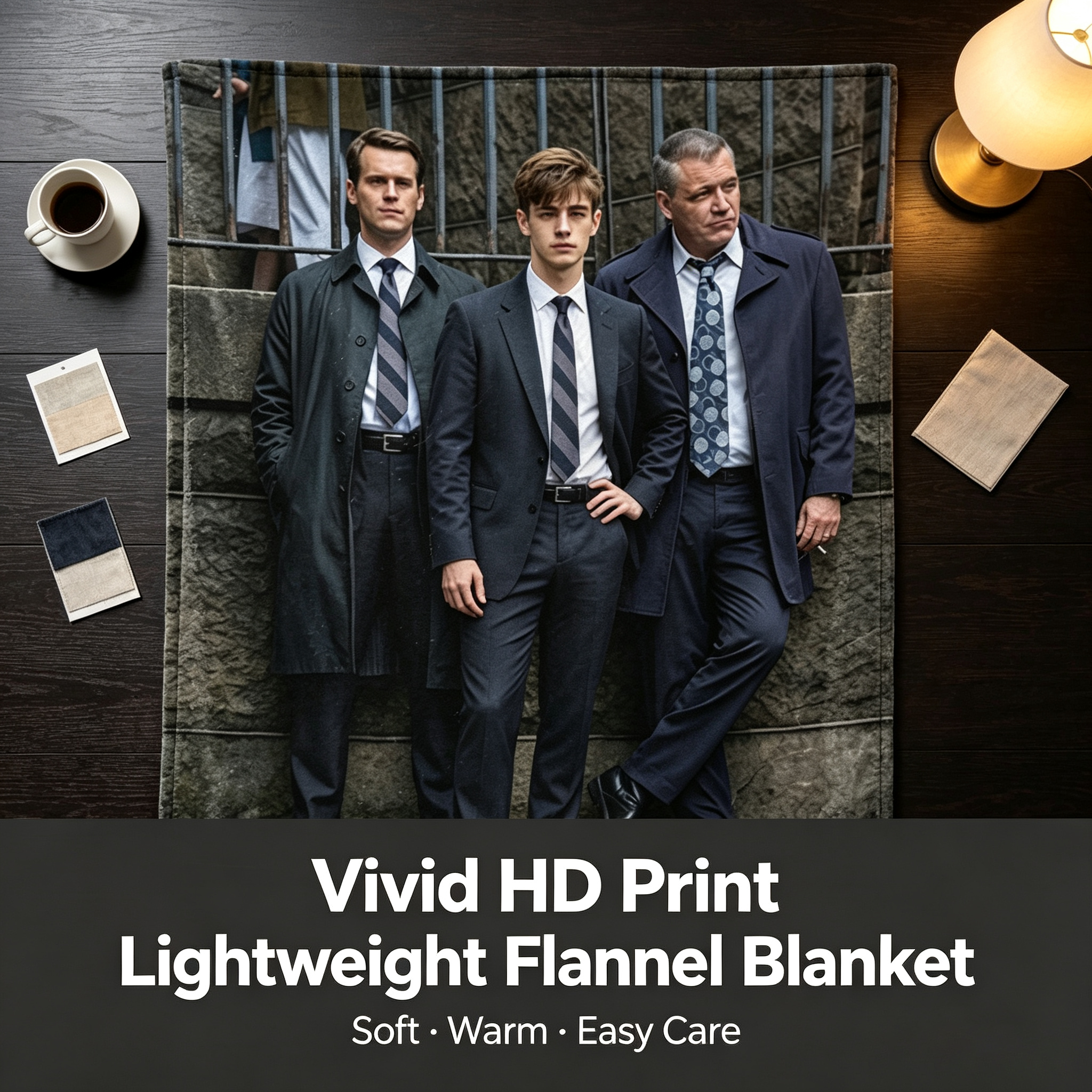 Custom Face Blanket Featuring Three Men in Suits Standing Against Stone Wall Flannel Blanket Perfect for Home Decor or Cozy Nights Gift Idea for Fans of Classic Style and Drama Series