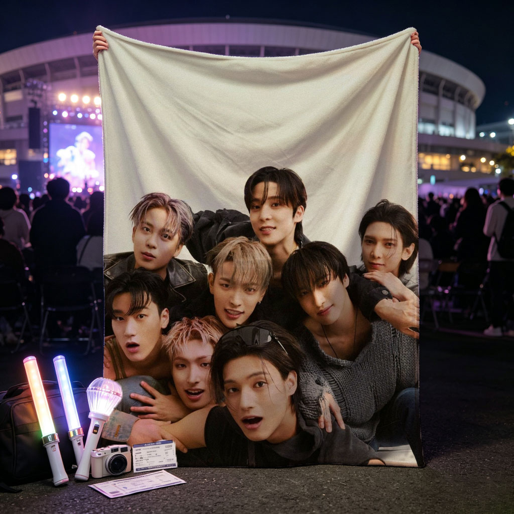 Stray Kids Group Photo - Members Posing Together in Casual Outfits with Expressive Faces - Blankets