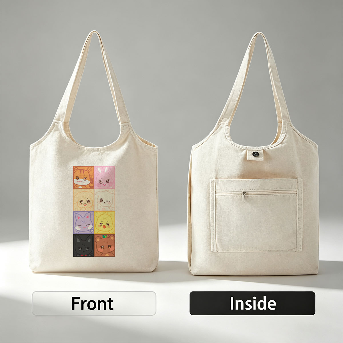 Cute Animal Characters Grid Featuring Kawaii Cartoon Animals in Colorful Squares - Canvas shoulder bags/
