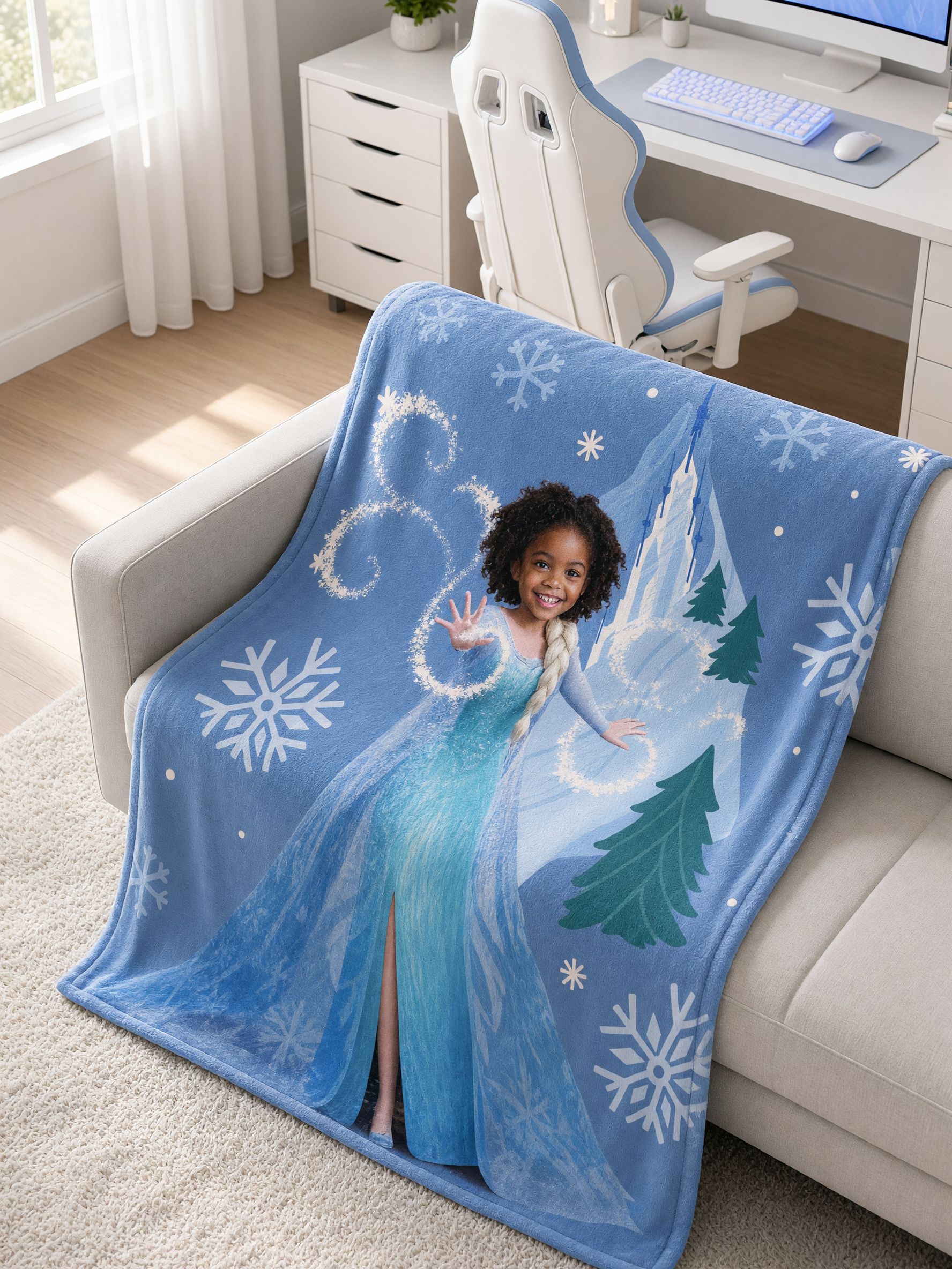 Custom Face Ice Princess Fleece Blanket, Ultra Soft Flannel Throw, Personalized Winter Castle Gift for Girls and Kids