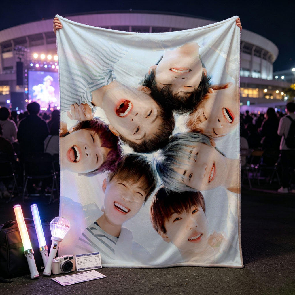 NCT Dream Members in a Circle Formation with Joyful Expressions Against a Sparkling Sky Background - Blankets