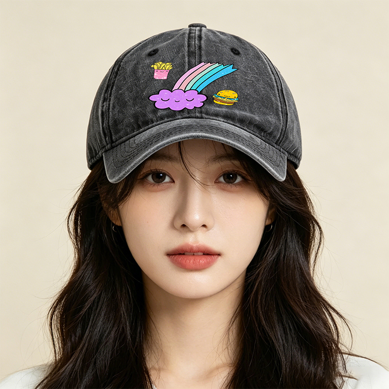 Unisex Classic Washed Cap with Kawaii Rainbow Cloud, Happy Fries & Burger Print – Casual Streetwear Hat for Youth and Trendy Adults, Perfect for Daily Wear, Outings, and Festivals