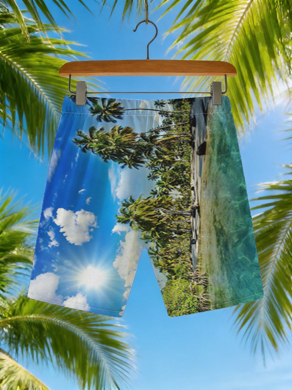 Tropical Paradise with Palm Trees and Crystal Clear Water -  Beach shorts