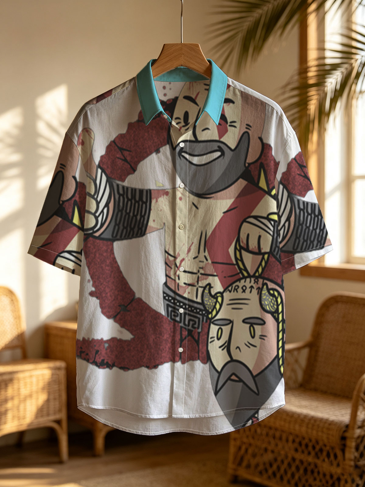 Kratos and Zeus in a stylized battle scene, Kratos giving a thumbs-up with Zeus's head at his feet -  Shirt