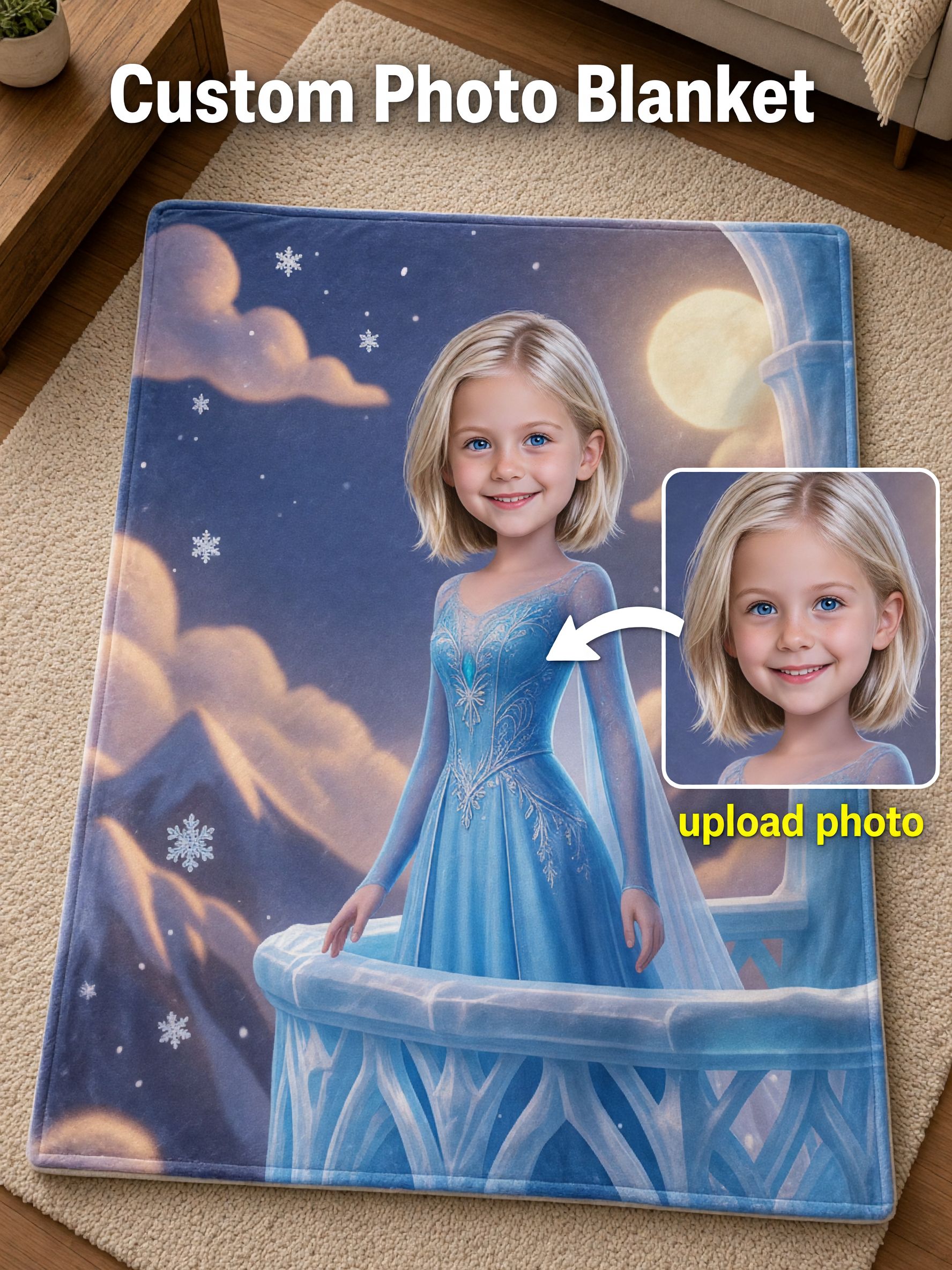 Custom Photo Face Flannel Blanket Personalized Ice Princess Fleece Throw for Kids Bed Sofa Ideal Personalized Gift