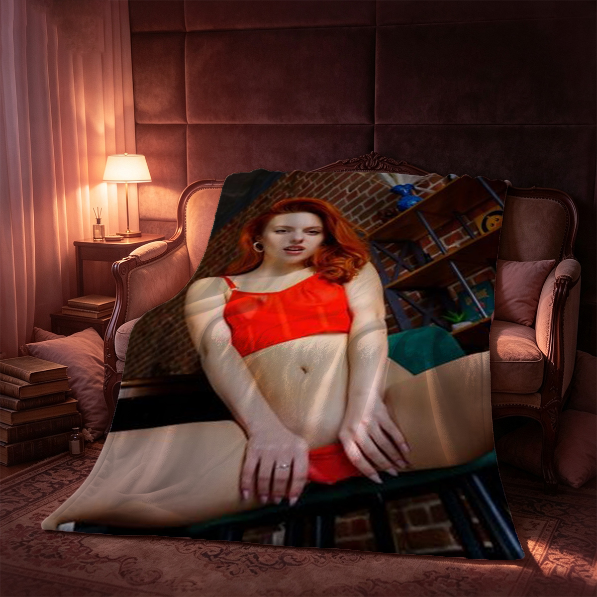 Nude Brunette Sitting on Bed Covering Breasts - Blanket