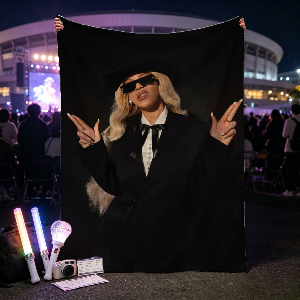 Beyonce in a Bold Black Suit and Hat Making Peace Signs Against a Dark Background - Blankets