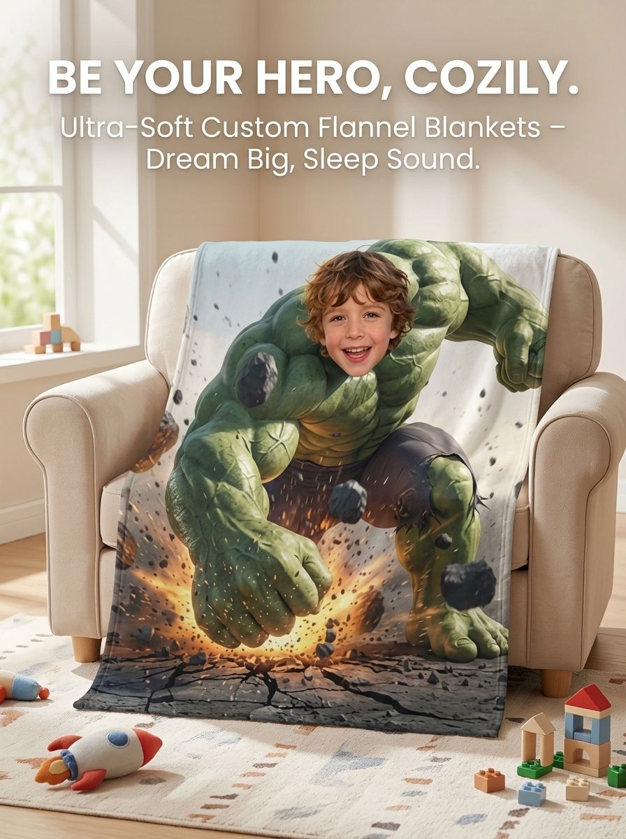Custom Face Superhero Flannel Blanket Ultra Soft Cozy Smash Throw Personalized Photo Gift for Kids and Family