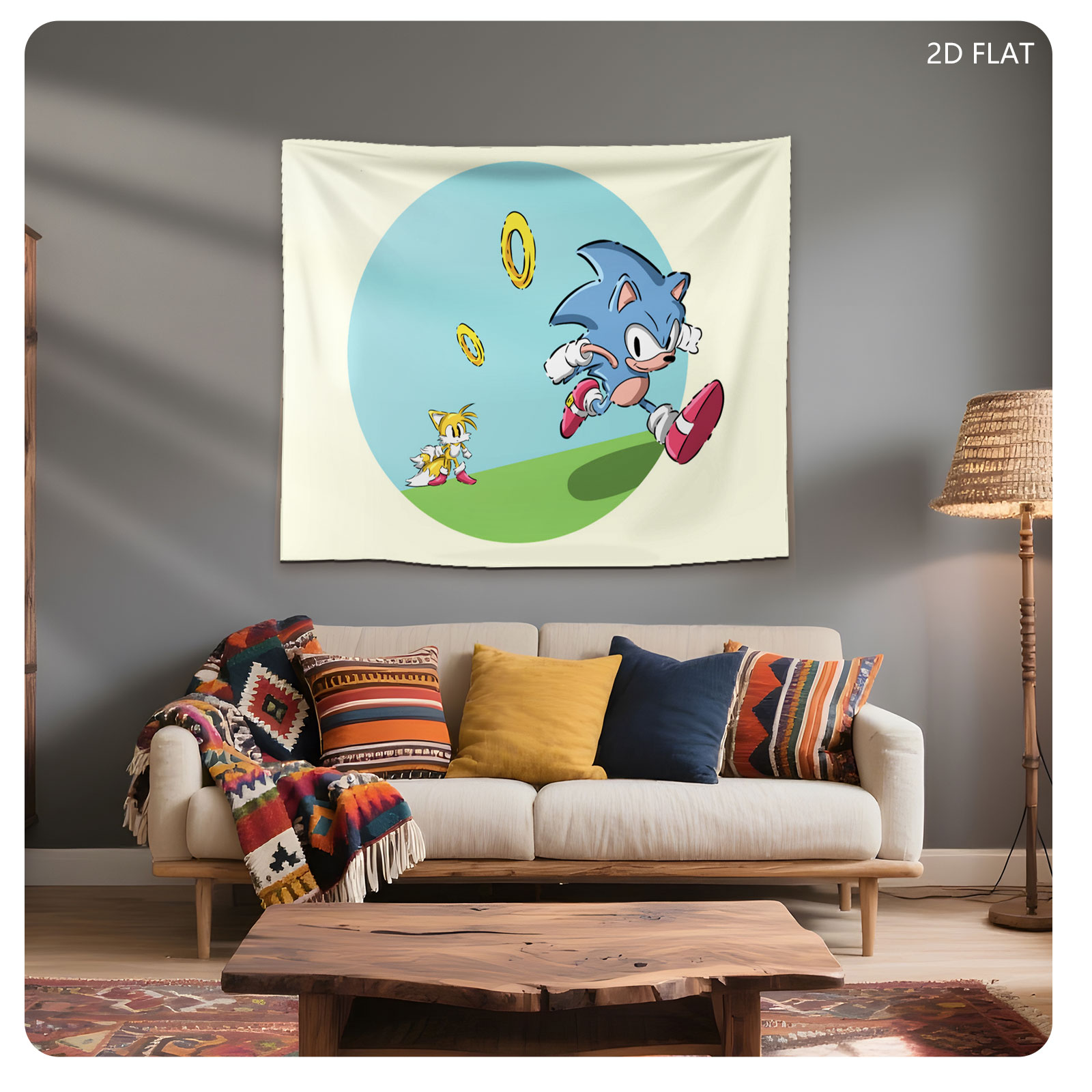 Sonic the Hedgehog and Tails Running with Golden Rings - Tapestry