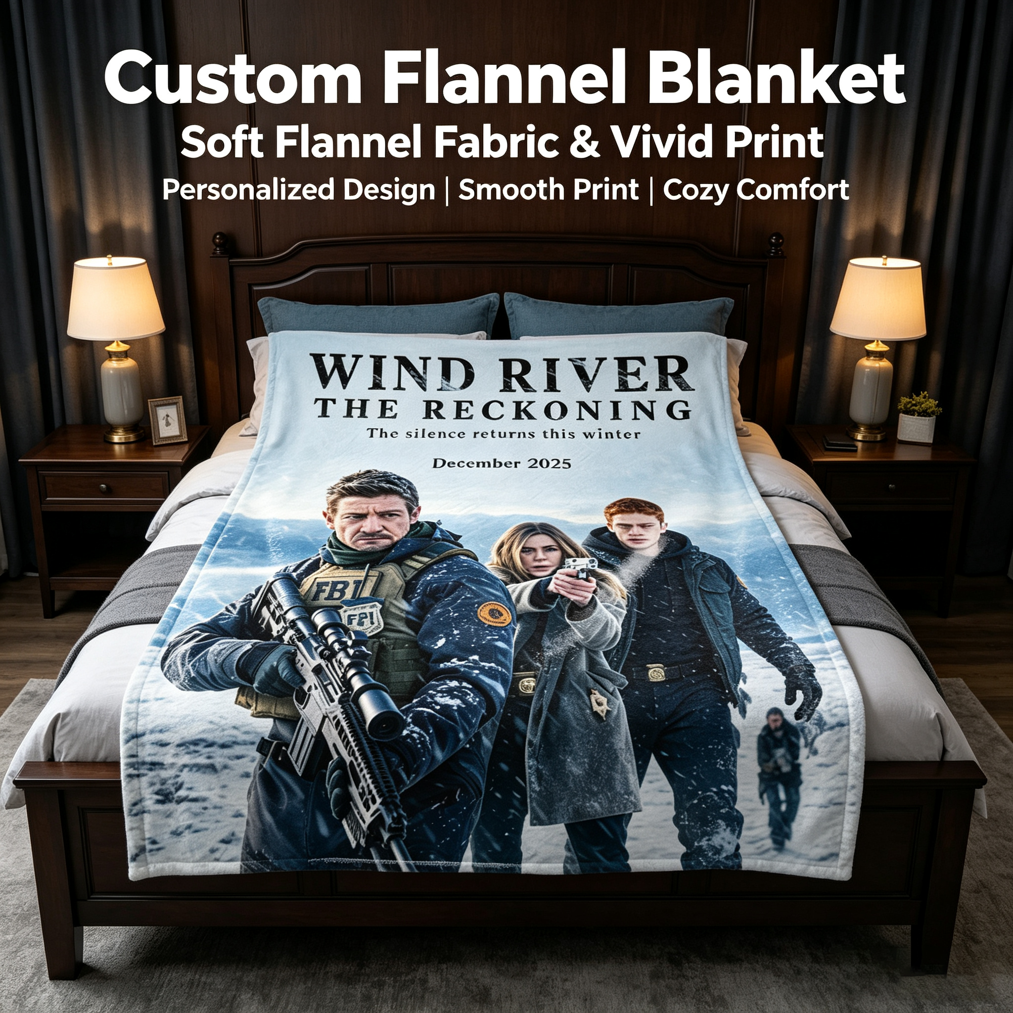 Custom Face Blanket Wind River The Reckoning Flannel Blanket Movie-Themed Gift for Fans Winter Home Decor or Cozy Gift Idea