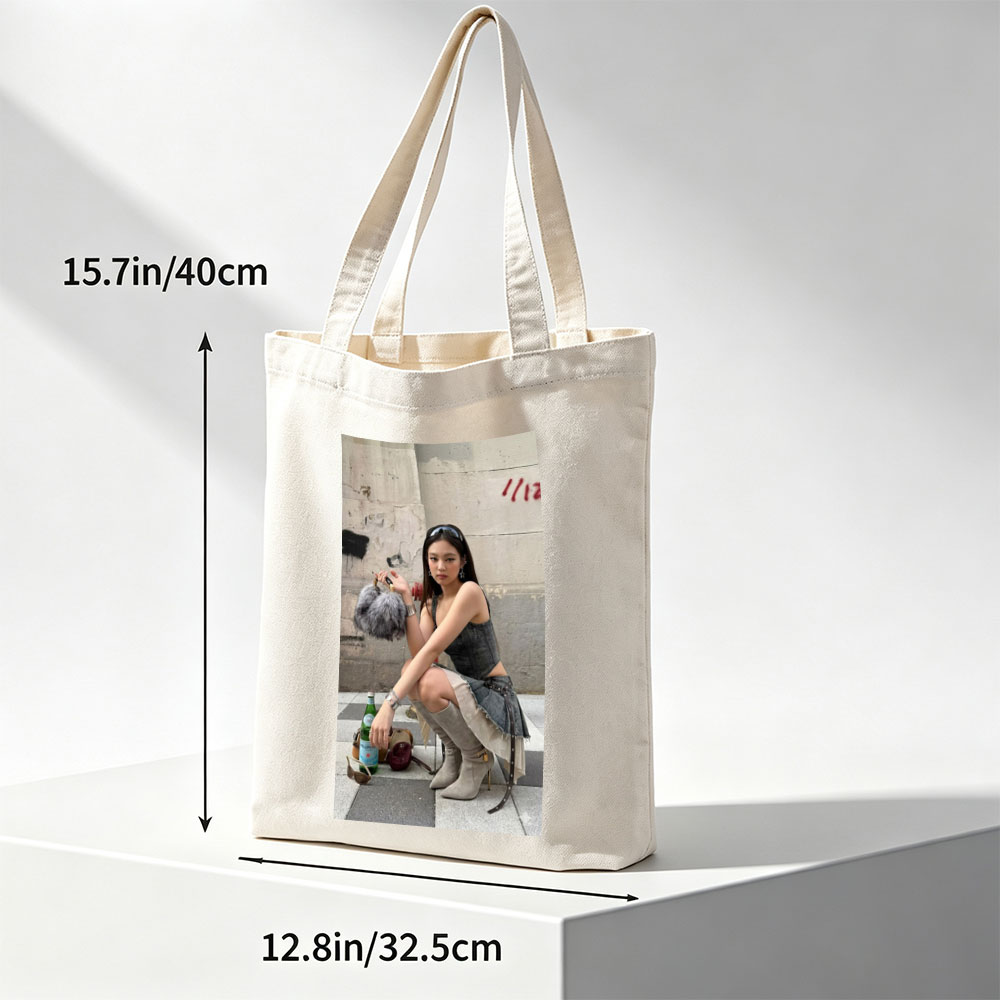 Jennie Kim Street Style Pose with Denim Outfit and Fur Bag - Canvas tote bags