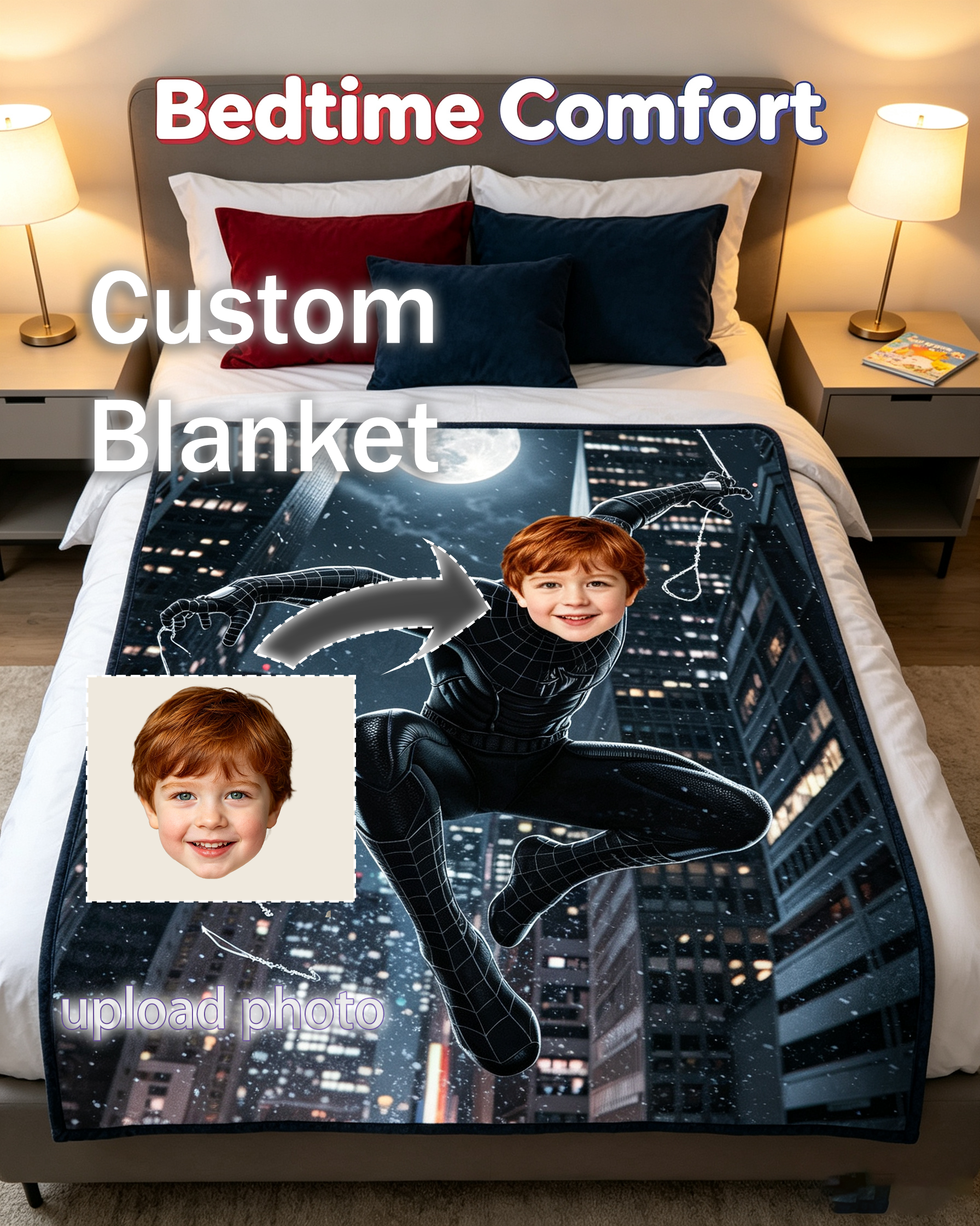 Custom Photo Black‑Suit Spider‑Man Fleece Blanket, Personalized Superhero Throw Blanket, Upload Kid Photo, Boys Unique Birthday Gift, Night City Hero Themed Bed Sofa Blanket