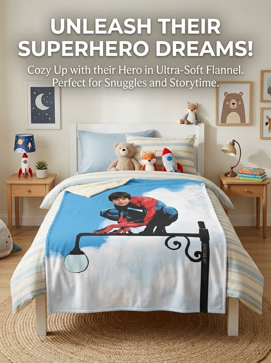 Personalized Custom Face Photo Superhero Flannel Throw Blanket, Soft Anti-Pilling Fleece Bed Blanket for Kids Gift