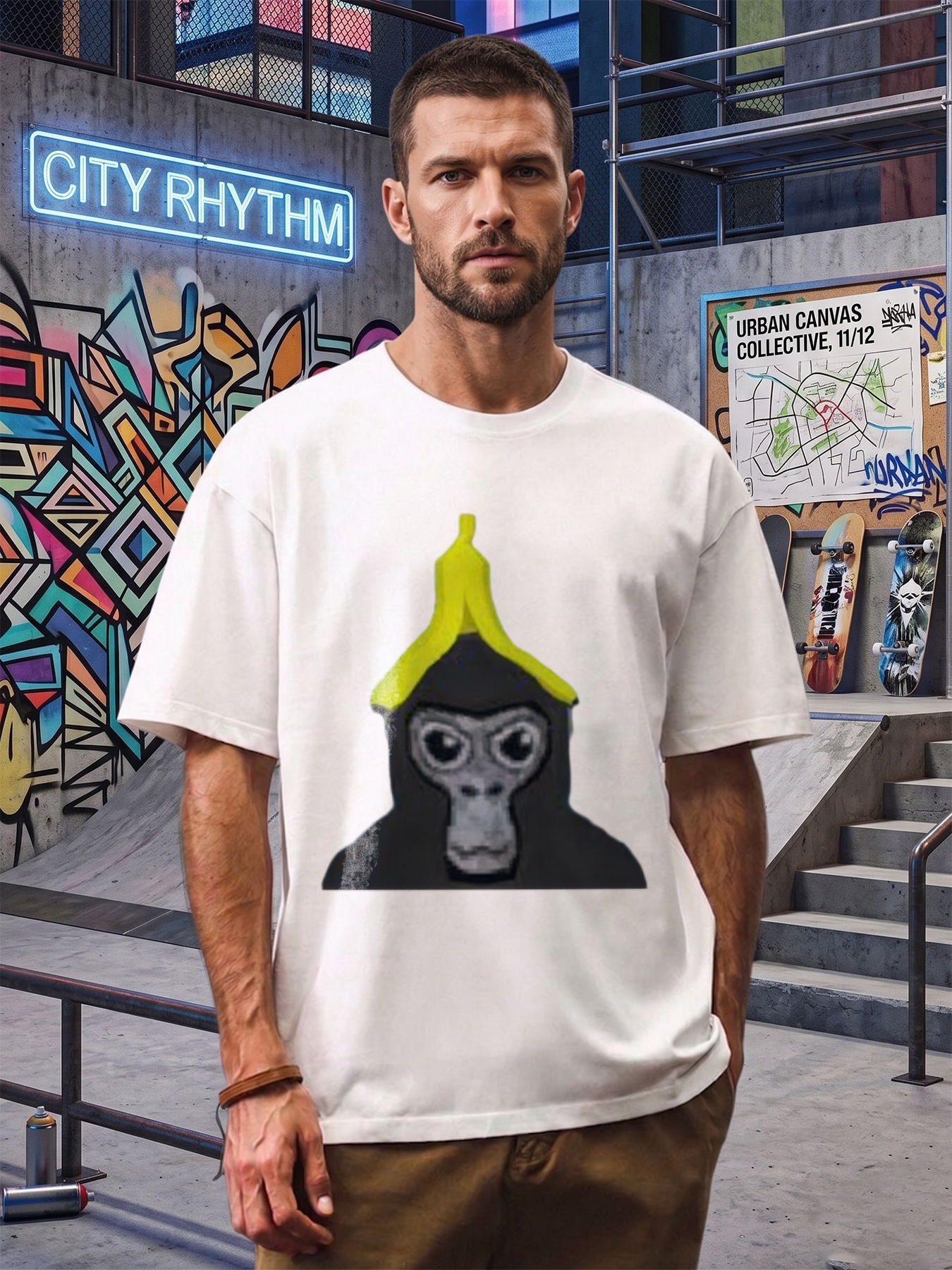 Men's Banana Monkey Print T-Shirt Funny Ape Face Graphic Casual Round Neck Lightweight Breathable Summer Short Sleeve Tee for Adults Outdoor Leisure Streetwear Fashion
