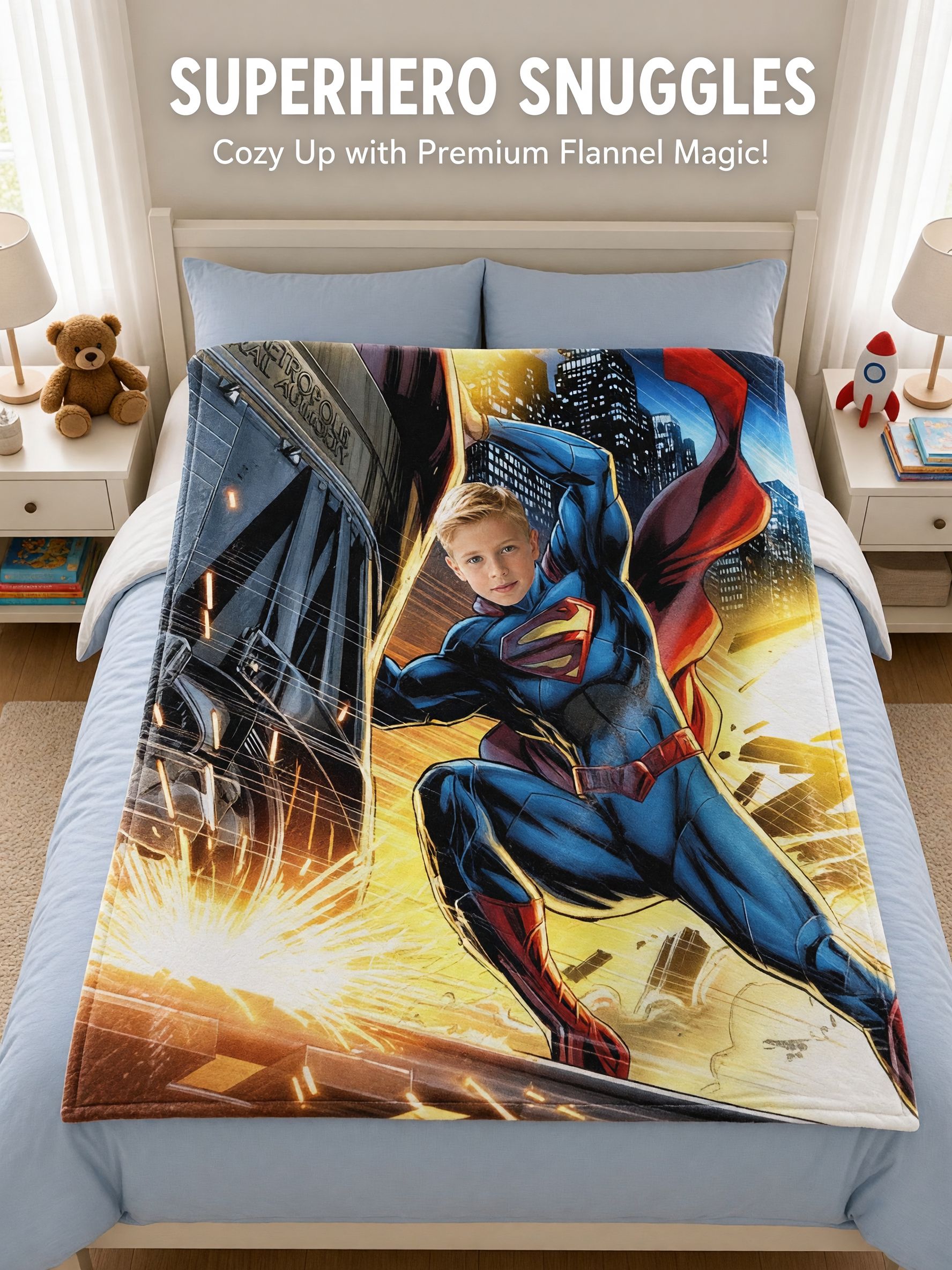 Custom Superhero Face Blanket Personalized Photo Flannel Throw Soft Anti-Pilling Fleece Bed Blanket for Kids