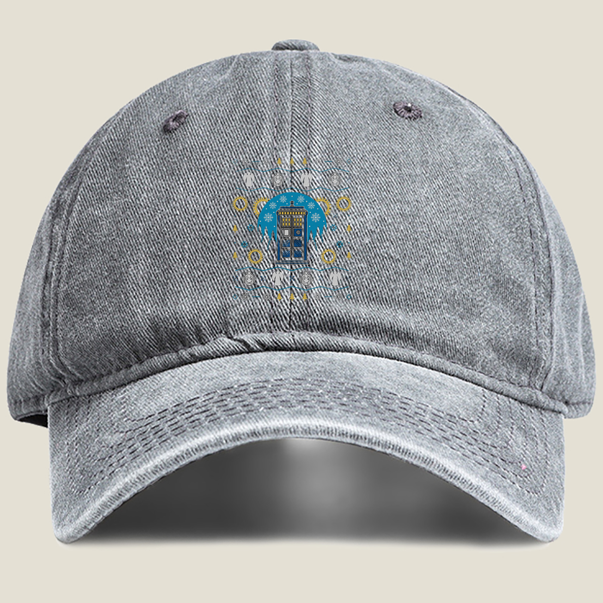 Doctor Who Christmas Sweater Design Featuring TARDIS, Weeping Angels, and Cybermen - Washed Denim - Baseball Cap