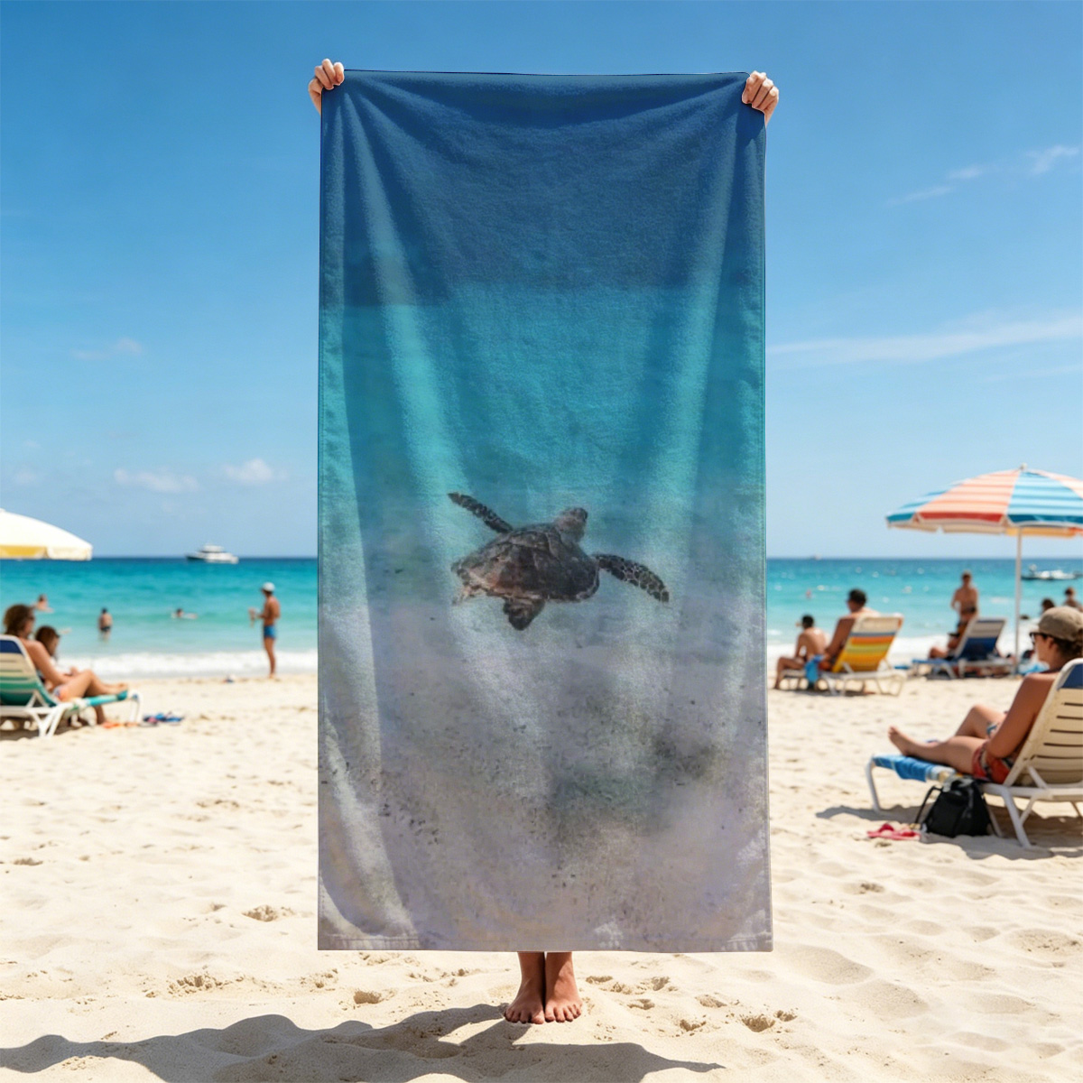 Sea turtle swimming in clear blue water over sandy ocean floor - Beach towels
