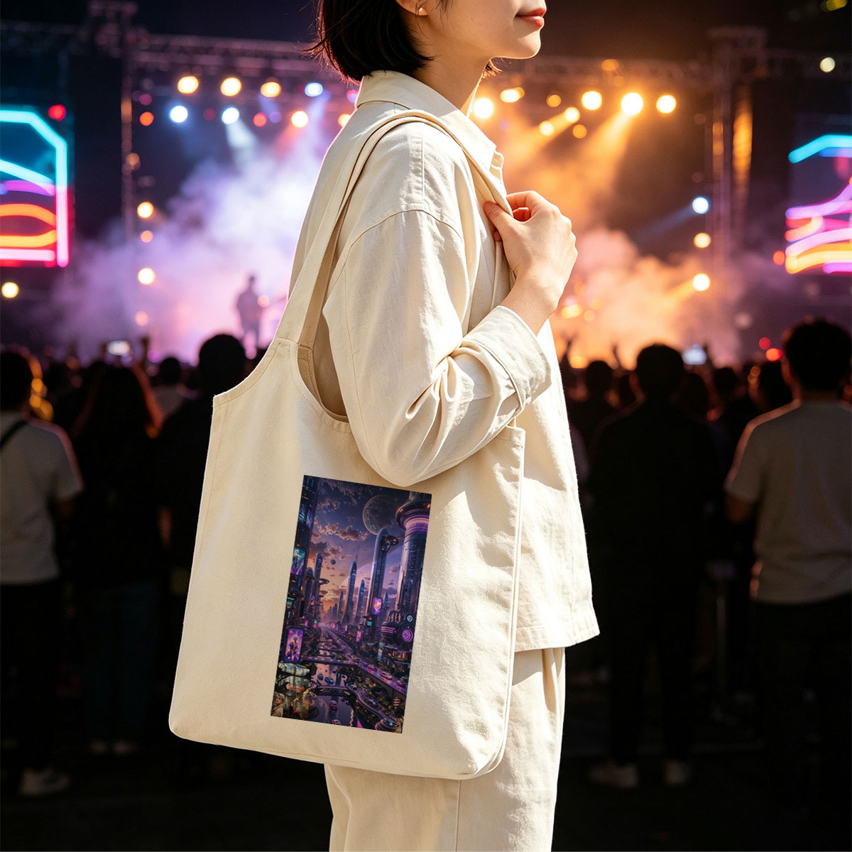 Taylor Swift in Futuristic Cityscape - Neon-Lit Metropolis with Hovering Cars and Giant Moon in the Sky - Canvas shoulder bags/