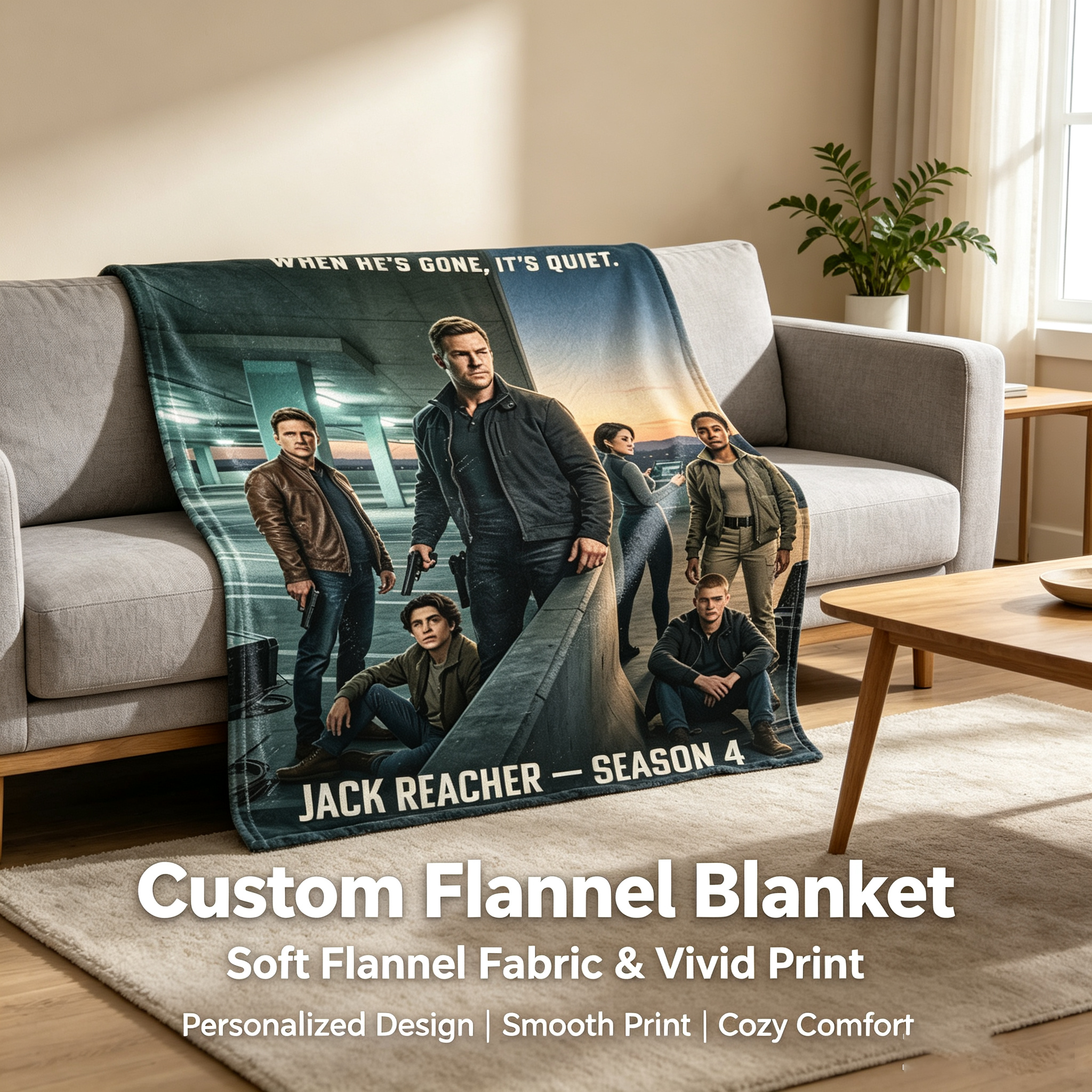 Custom Face Blanket Jack Reacher Season 4 Flannel Blanket for Couch, Bed, or Travel – Perfect Gift for Fans of the Action Thriller Series
