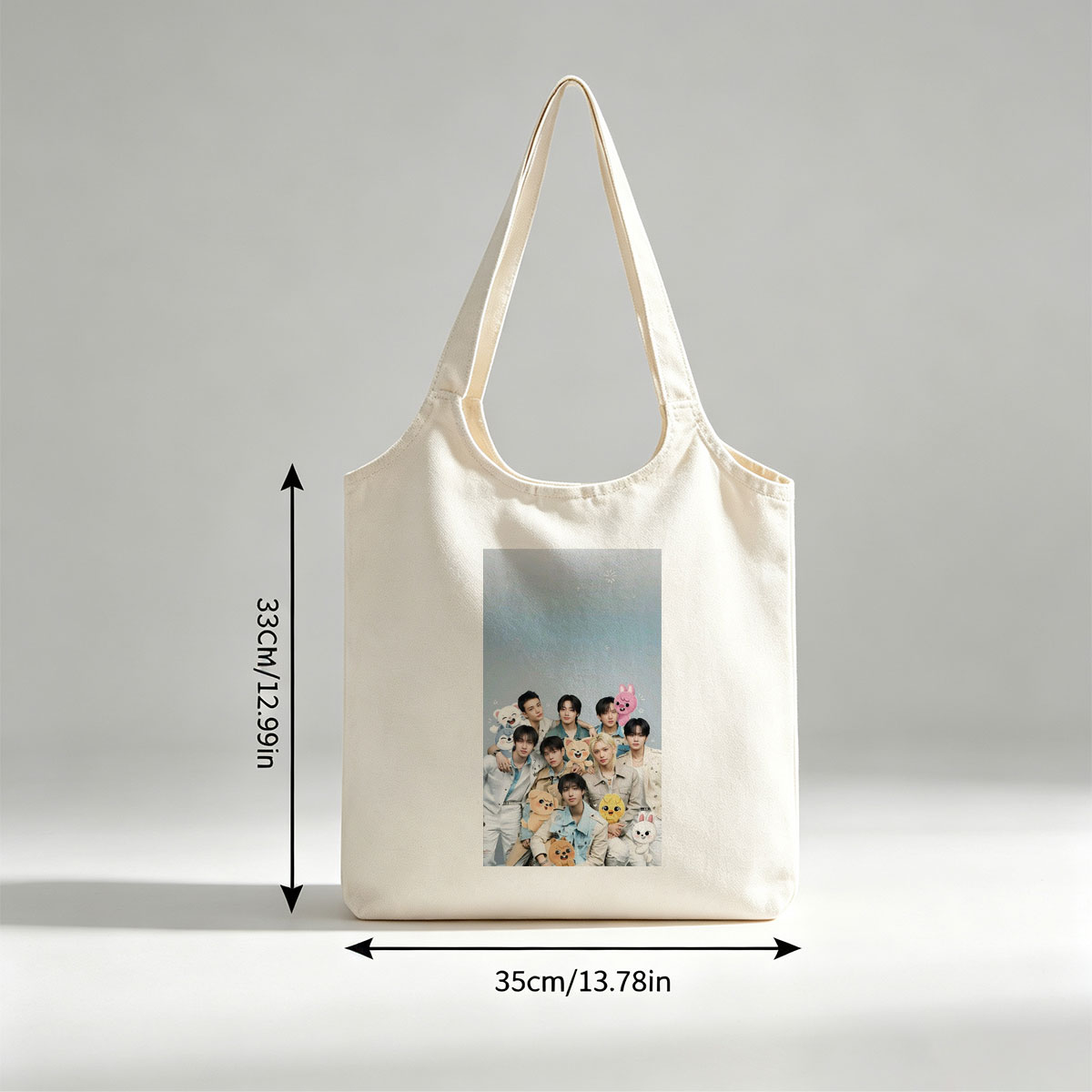 Stray Kids Group Photo with Cute Animal Plushies in a Starry Sky Background - Canvas shoulder bags/