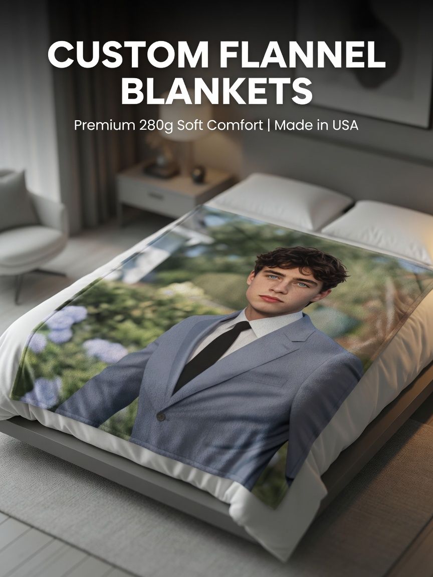Custom Photo Portrait Flannel Fleece Blanket Personalized Soft Anti Pilling Throw for Couch Bed Travel Gift