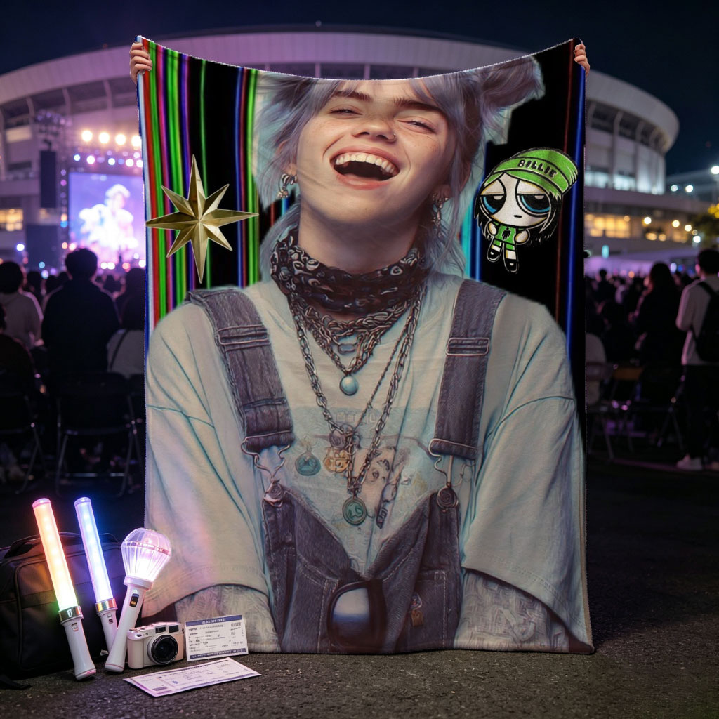 Billie Eilish Laughing in Overalls with Colorful Background and Cartoon Character Overlay - Blankets