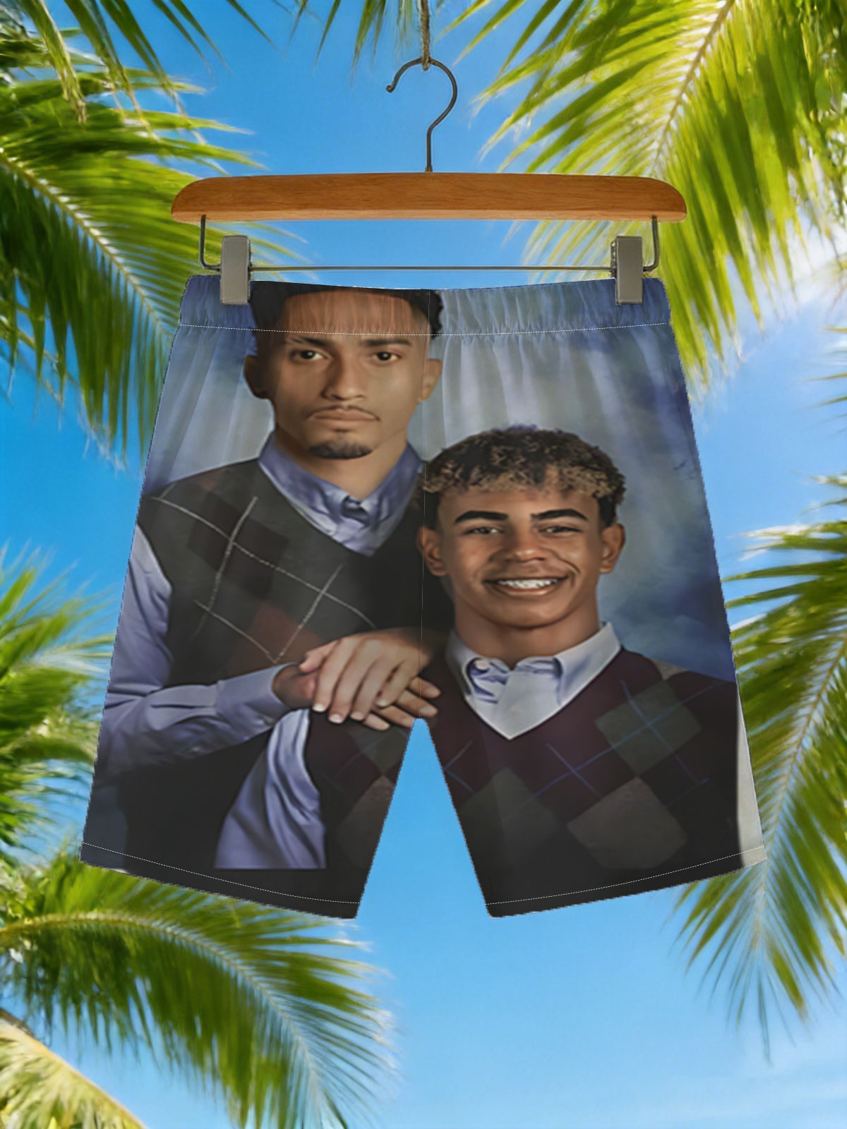 Two Men in Argyle Vests, One Smiling, One Serious, Blue Background -  Beach shorts