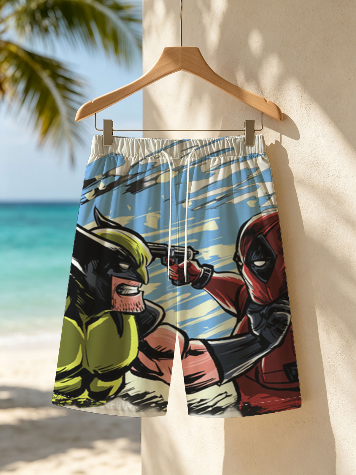 Wolverine vs Deadpool: Intense Face-Off in Comic Style -  Beach shorts