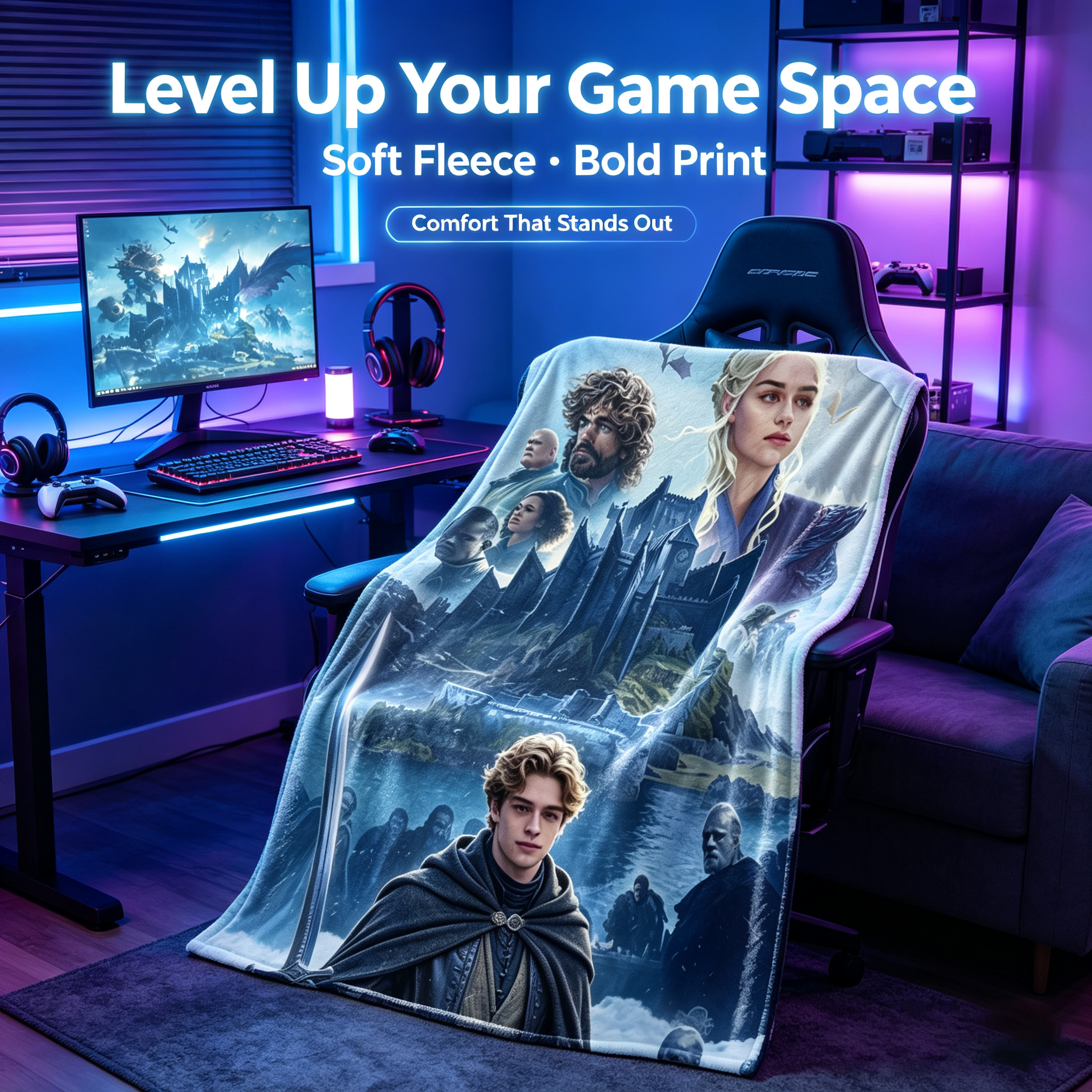 Custom Face Blanket Game of Thrones Character Portrait Flannel Blanket for Couch, Bed, or Travel – Perfect Gift or Giveaway for Fans