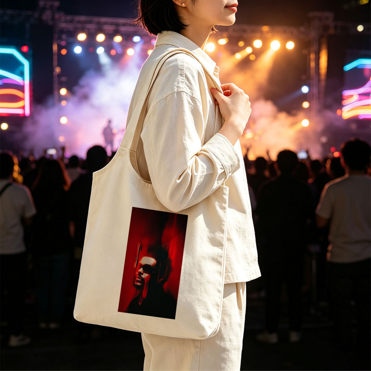 The Weeknd in a Dark Red Scene with Dramatic Lighting and Blurred Motion Effect - Canvas shoulder bags/