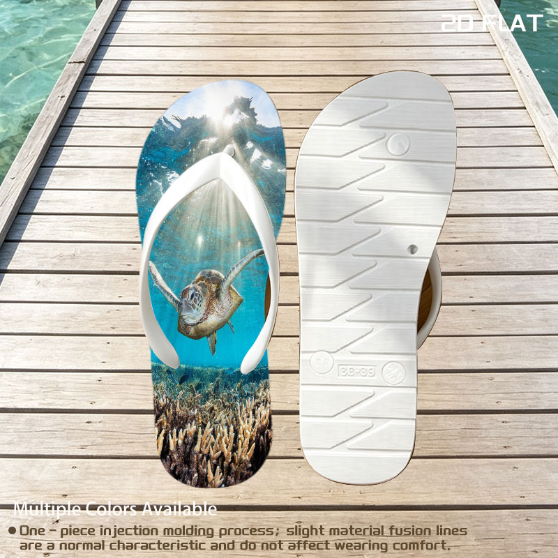 Sea turtle glides through sunlit coral reef -  flip-flops