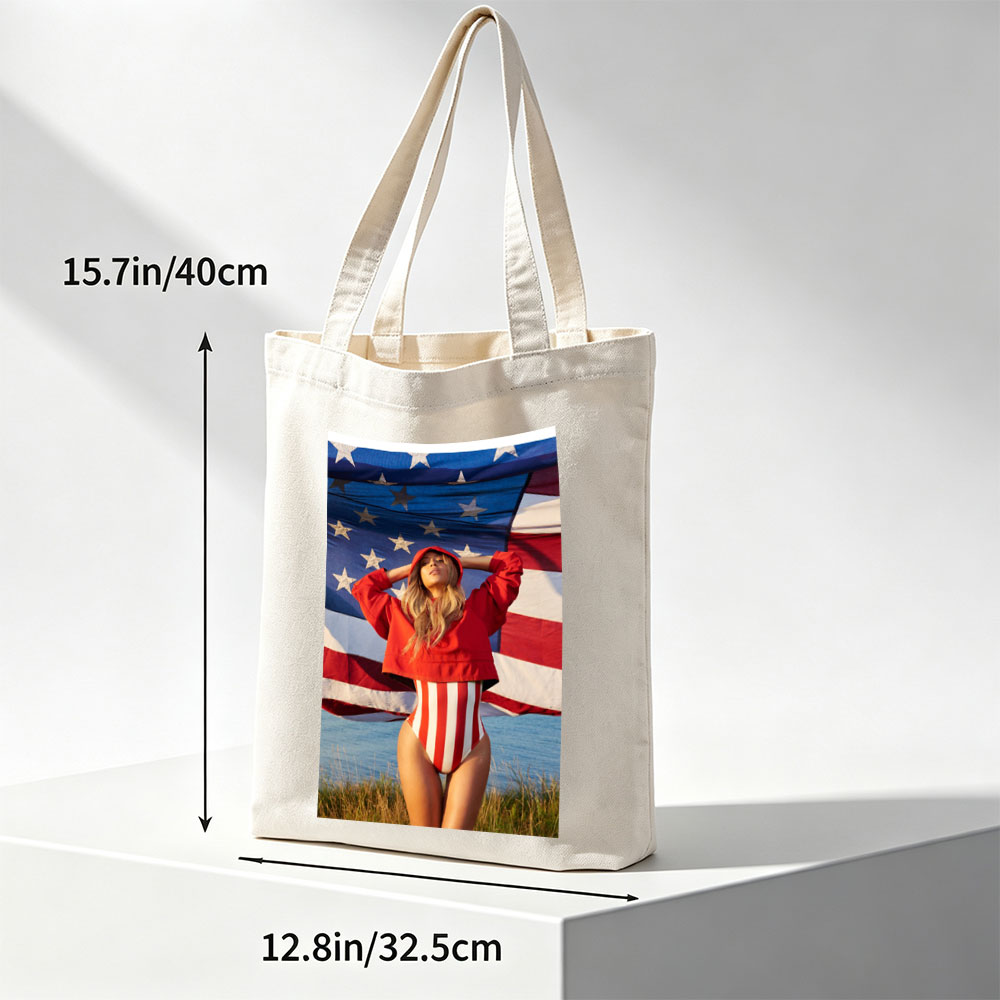 Beyonce in Red Hoodie and Striped Bodysuit Standing Before American Flag by the Beach - Canvas tote bags