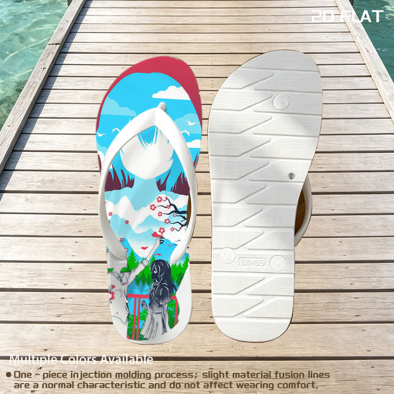 Two Figures Under Cherry Blossoms with Mountain Landscape and Sky Background -  flip-flops