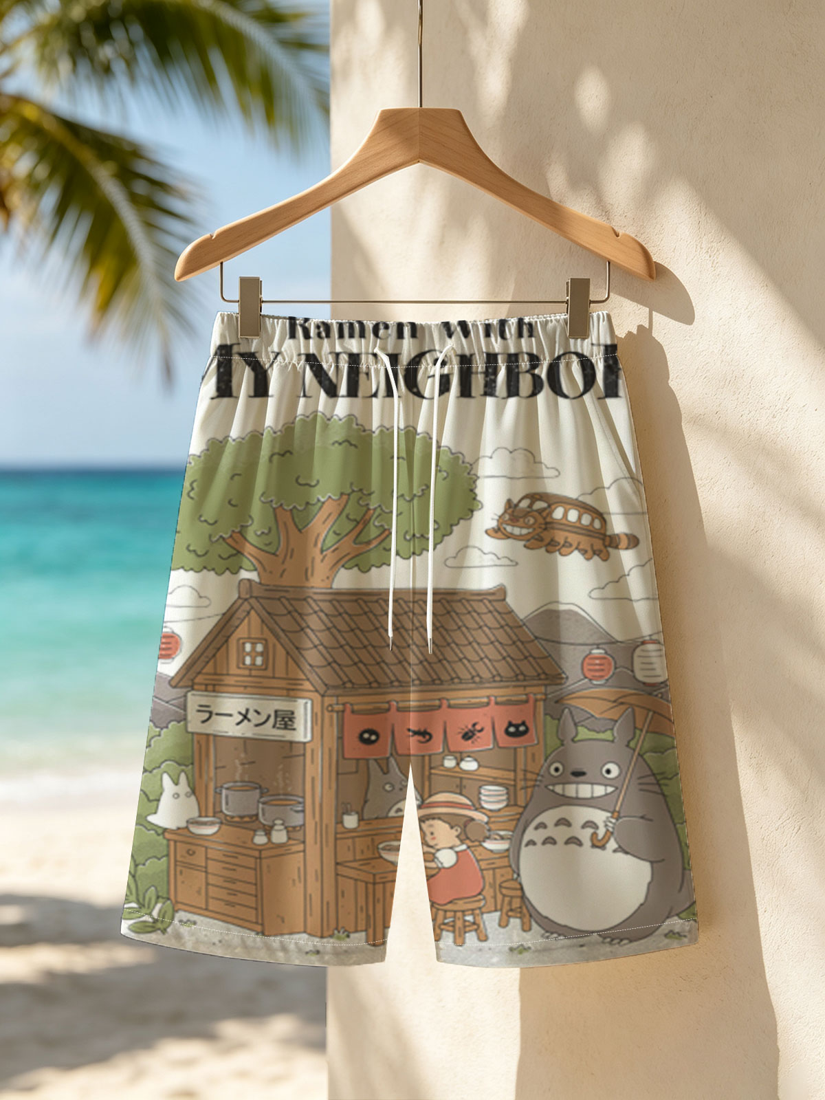 Totoro and Neighbor Enjoy Ramen at a Cozy Stall -  Beach shorts