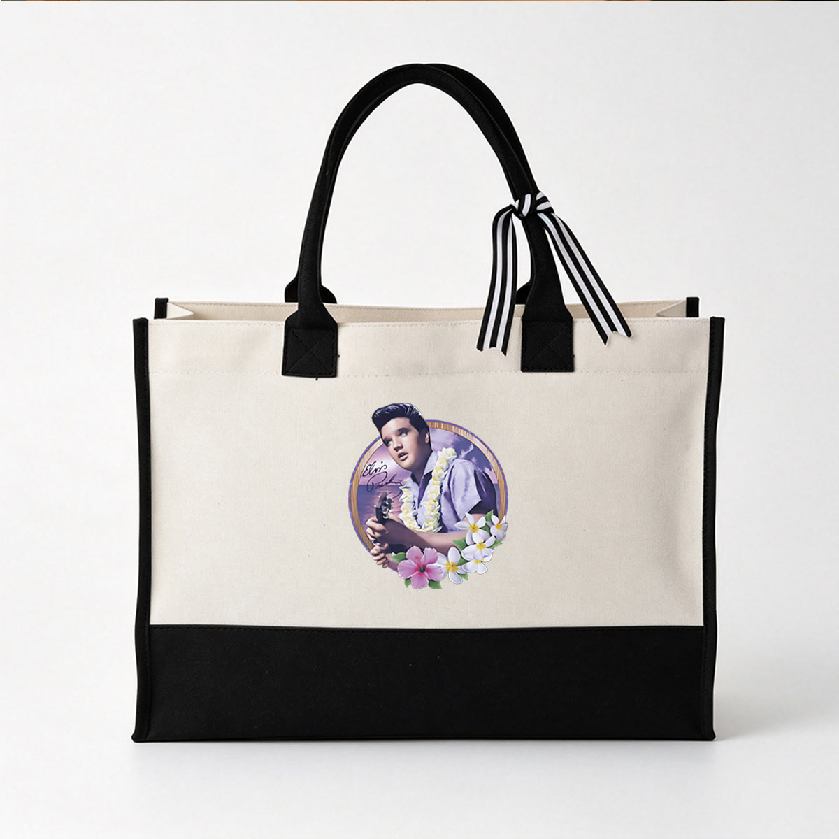 Elvis Presley in Hawaiian Shirt with Lei and Guitar, Signature Included - Canvas patchwork gift tote bag
