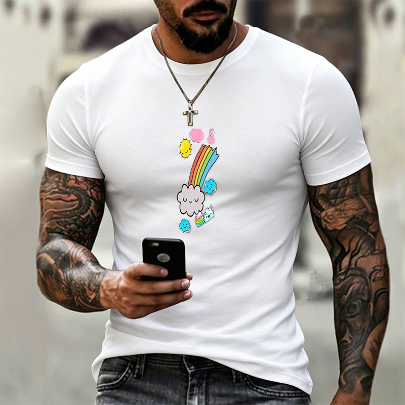 Unisex Classic T-Shirt Rainbow Clouds Sun Sparkle Design Unisex Classic T-Shirt Casual Wear for Teens and Adults Love Cute Cartoon Style Fashion