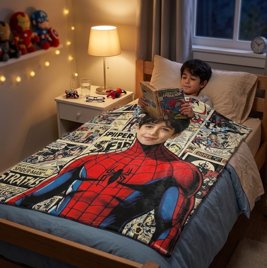 Personalized Upload Photo Blanket, Custom Spider‑Man Superhero Portrait Throw Blanket, 280GSM Soft Flannel Blanket, Unique Birthday Holiday Gift for Boys, for Bedroom Couch Camping Travel