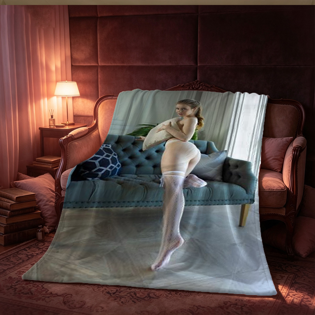 Emma Watson in grey lace lingerie sitting in a chair - Blanket