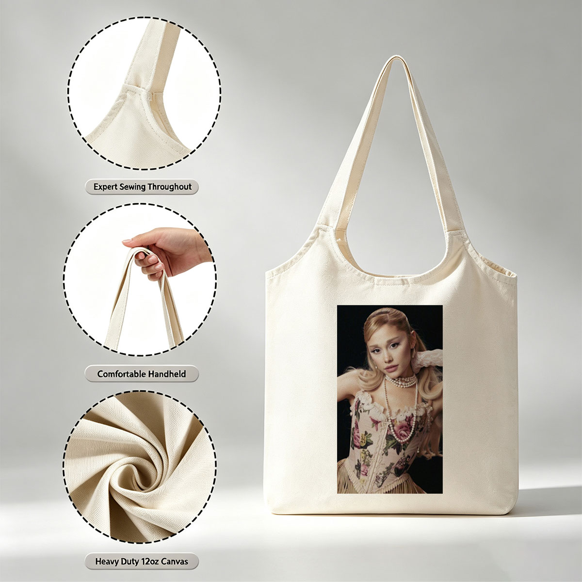 Ariana Grande in Elegant Floral Corset with Pearl Necklace and Vintage Style Pose - Canvas shoulder bags/